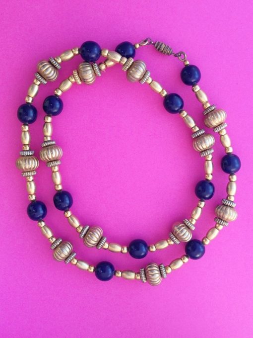 Long Gold & Navy 1980s Vintage Necklace