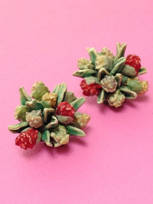 1940s clip earrings red green floral spray