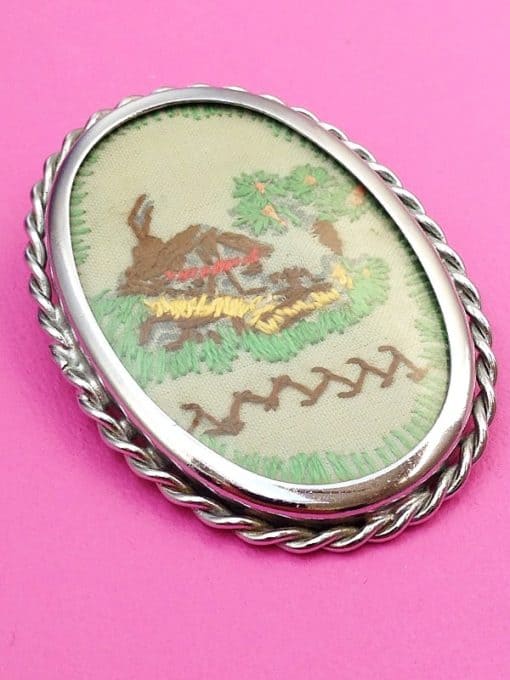 Handmade oval scene stitched brooch vintage brooch