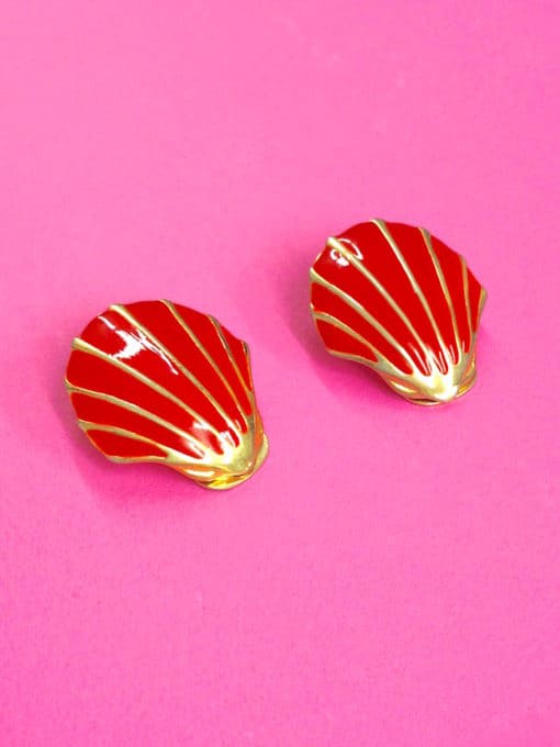 Red 1980s Vintage Earrings Shell Shape