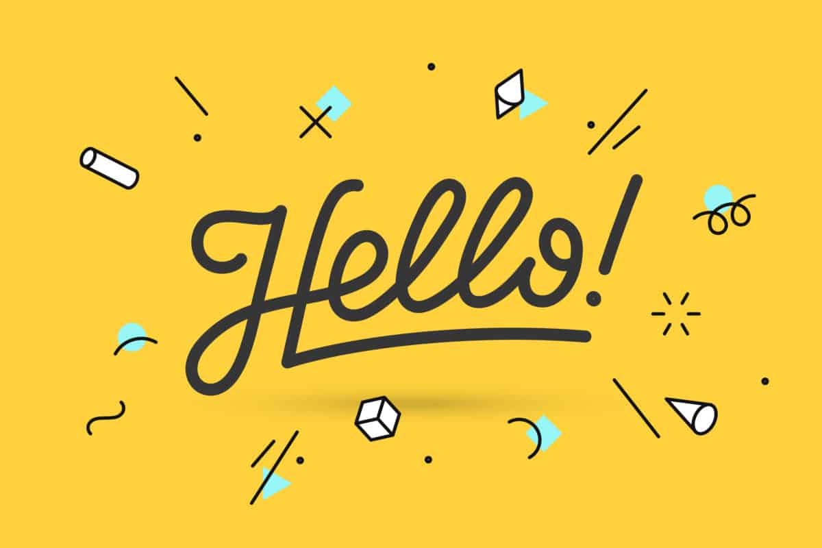 Vector image of the word 'Hello!' in black handwriting on a bright yellow background.