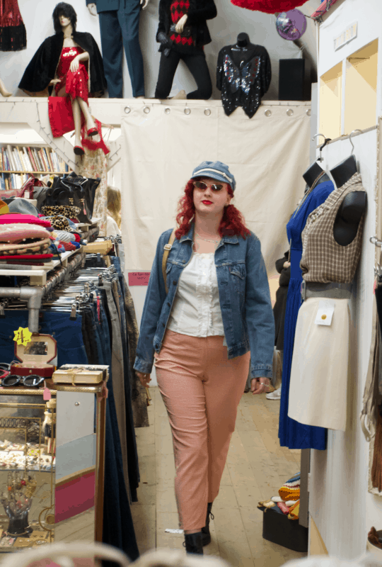 Model wears denim and sixties inspired spring outfit