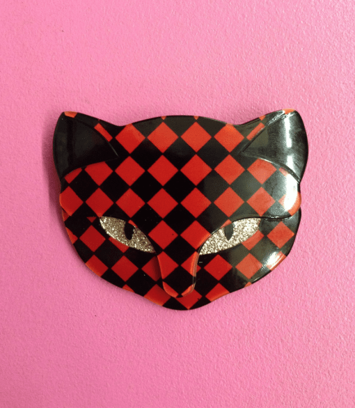 picture of Lea Stein Chequered cat brooch as sold at St Cyr Vintage