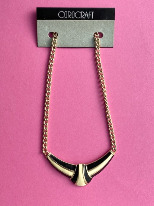 image of a 1980s COROCRAFT Necklace in Black and Ivory with gold chain
