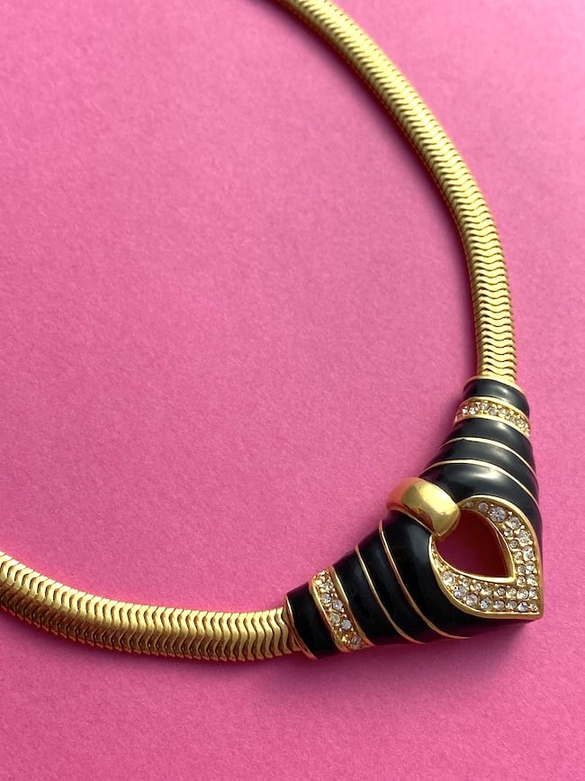 Chunky 80s vintage SAL Swarovski necklace in gold with black enamel - Image 2