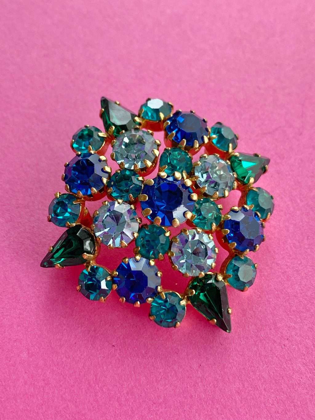 Square blue & gold rhinestone vintage brooch