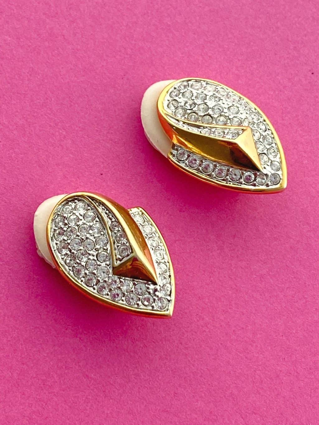 Deco Style Late 1980s Gold and Silver Rhinestone Clip Earrings