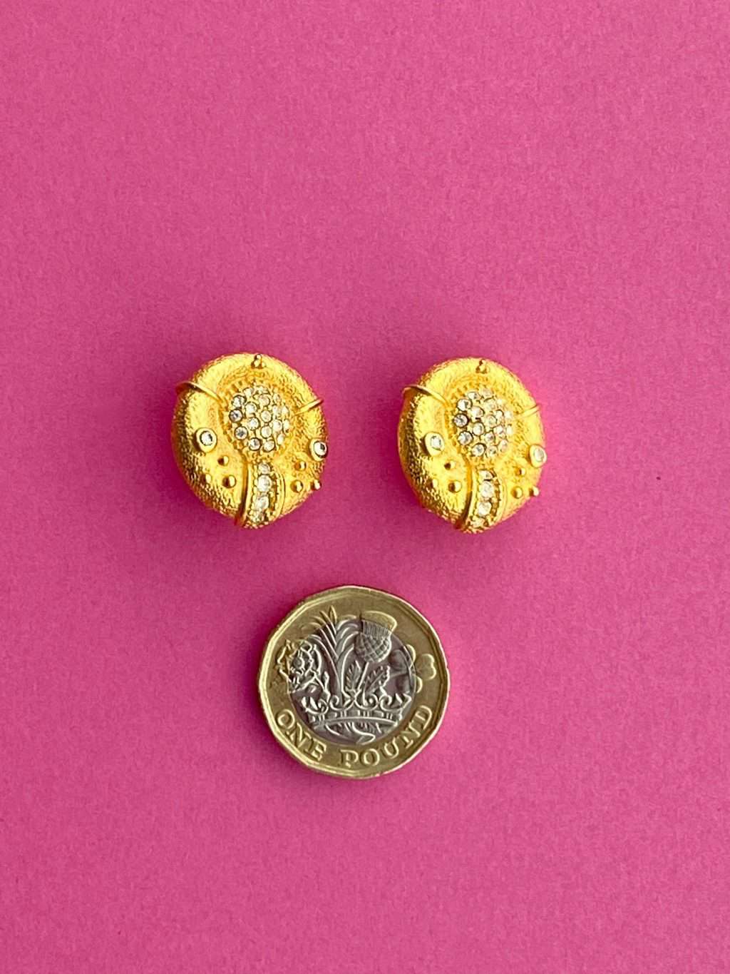 Vintage 1980s Gold Matt Finish Rhinestone Clip Earrings - Image 3