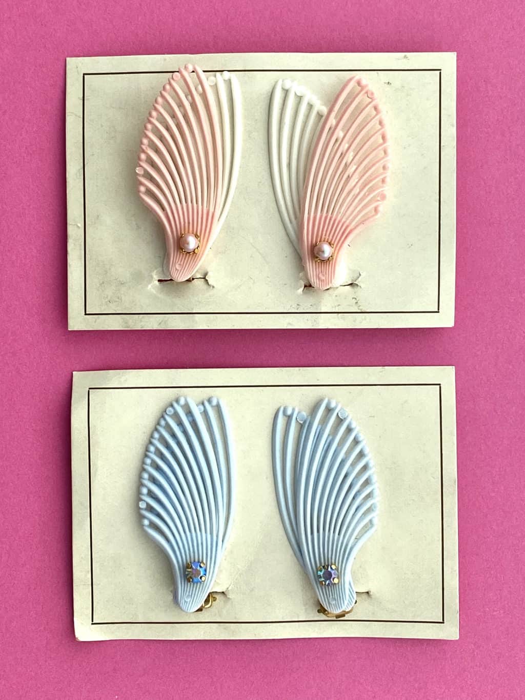 50s Deadstock Double Fan Wing Clip Earrings - Available in Pastel Pink or Blue - Image 7
