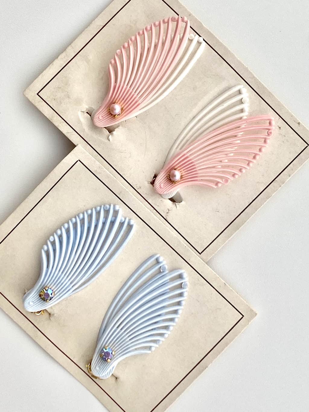 50s Deadstock Double Fan Wing Clip Earrings - Available in Pastel Pink or Blue - Image 6
