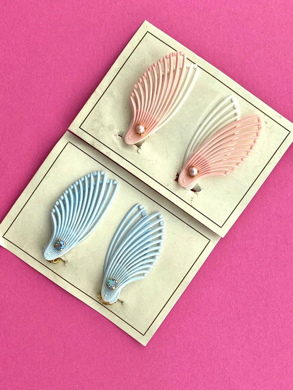 50s Deadstock Double Fan Wing Clip Earrings - Available in Pastel Pink or Blue