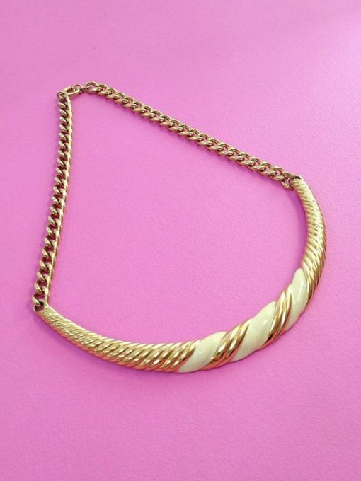 1980s vintage monet enamel bib necklace with cream enamel