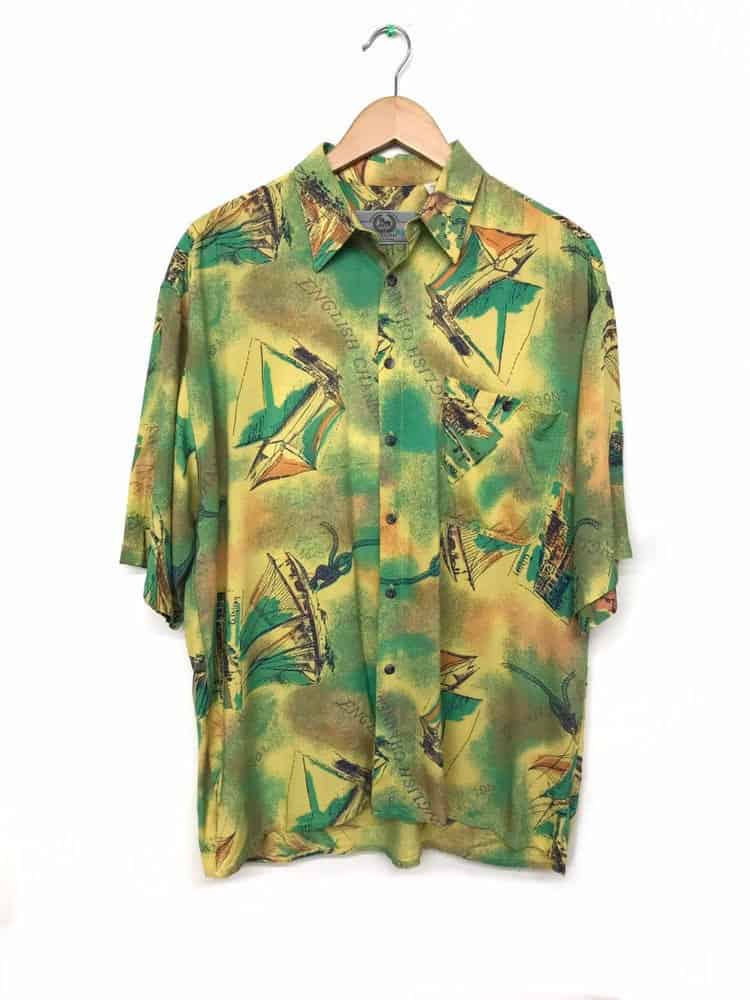 90s Abstract Nautical Themed Shirt Yellow Green - XL - St Cyr Vintage
