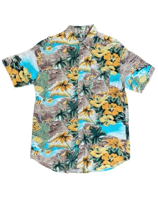 Vintage Hawaiian Shirt Hibiscus Flowers and Palm Trees, Yellow Blue