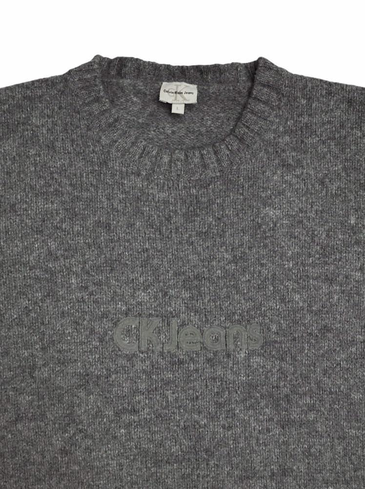 Calvin Klein Lambswool Knitted Jumper Grey CK Logo - L - St Cyr Vintage
