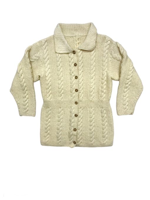 Hand-Knitted Vintage Cable Knit Cardigan Hand-Knit Handmade Ivory Cream 60s Wool Long Womens Cosy Wood Buttons - Size UK Medium