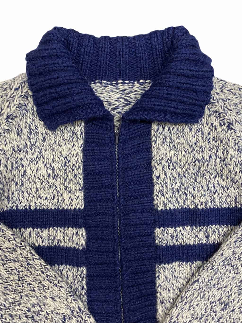 60s Vintage Cardigan Zip Up Front Hand Knitted Navy Blue & White - M - Image 2