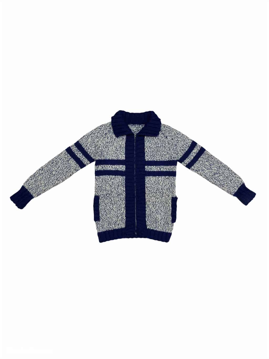 60s Vintage Cardigan Zip Up Front Hand Knitted Navy Blue & White - M - Image 4