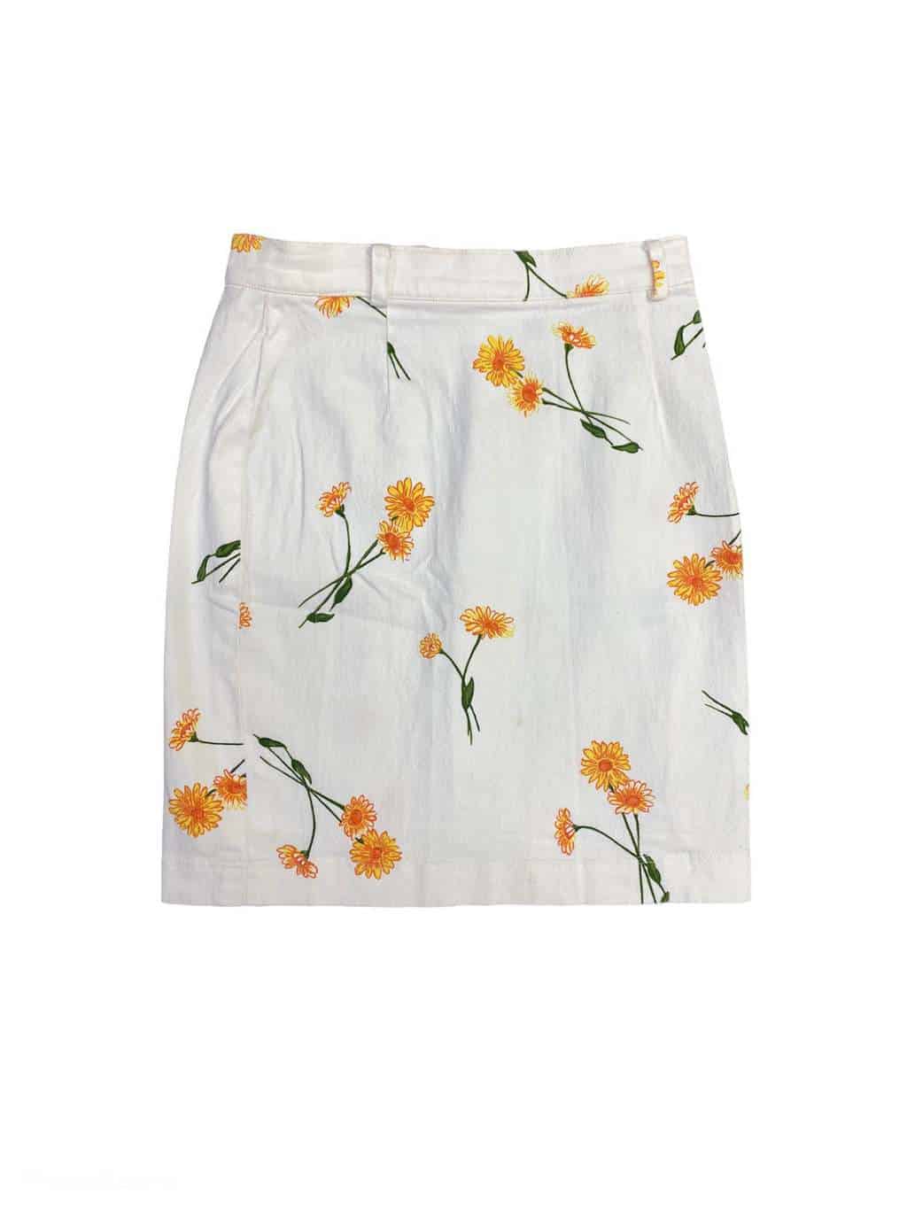 Vintage white cotton denim mini skirt with yellow marigold flowers - Small / W27