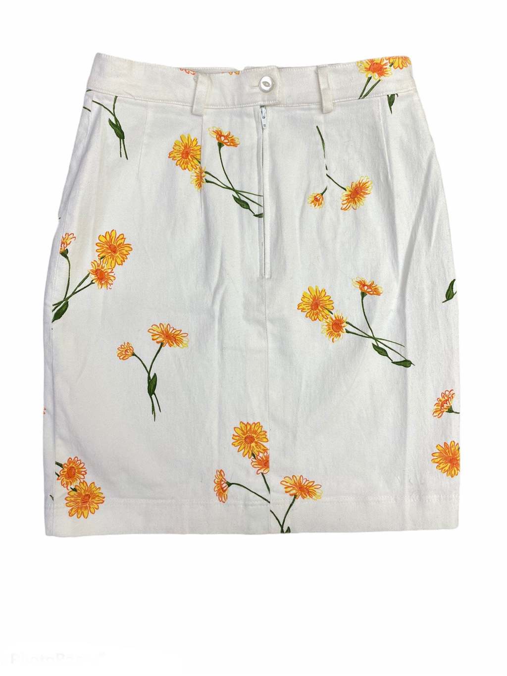 Vintage white cotton denim mini skirt with yellow marigold flowers - Small / W27 - Image 3