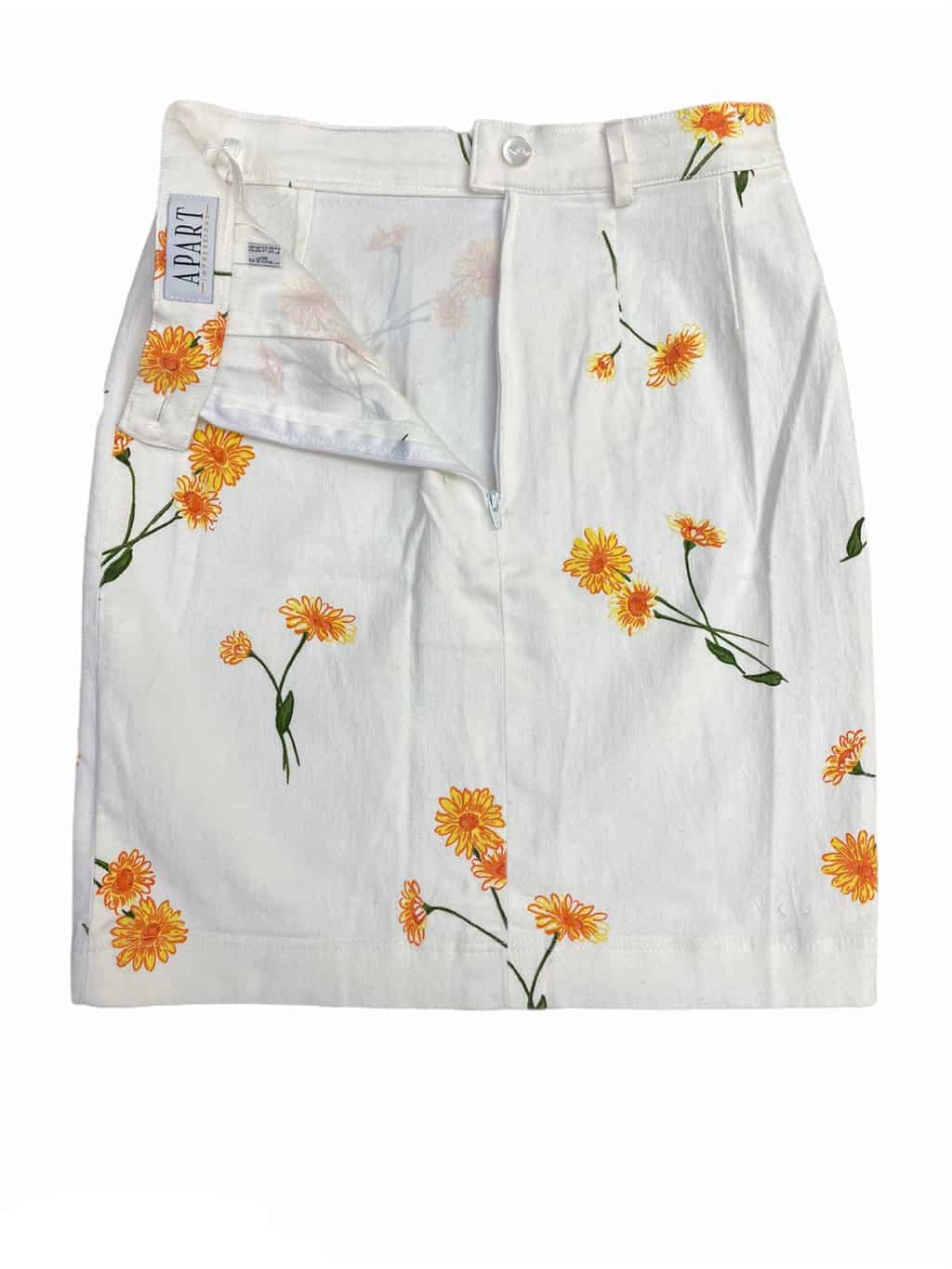 Vintage white cotton denim mini skirt with yellow marigold flowers - Small / W27 - Image 4