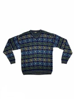 Vintage Patterned Abstract Jumper Wooly Knit V Neck Sweatshirt - XL