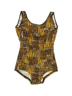 1960s Swimsuit Multicoloured Patterned Swimming Costume Abstract Print Brown Honey Yellow - UK Size S