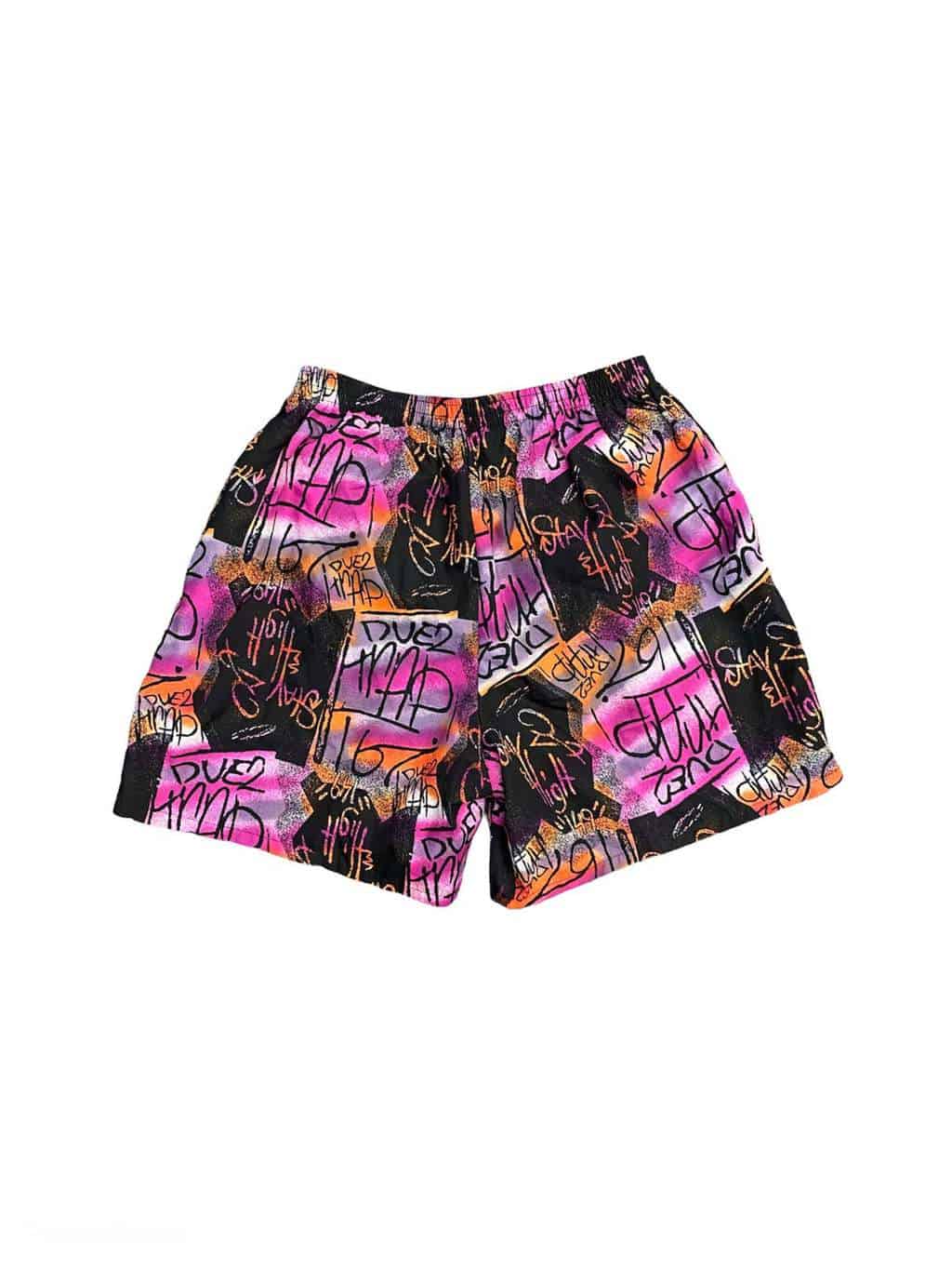80s Arena Vintage Surf Shorts Bold Pattern Black Purple Orange Pink S