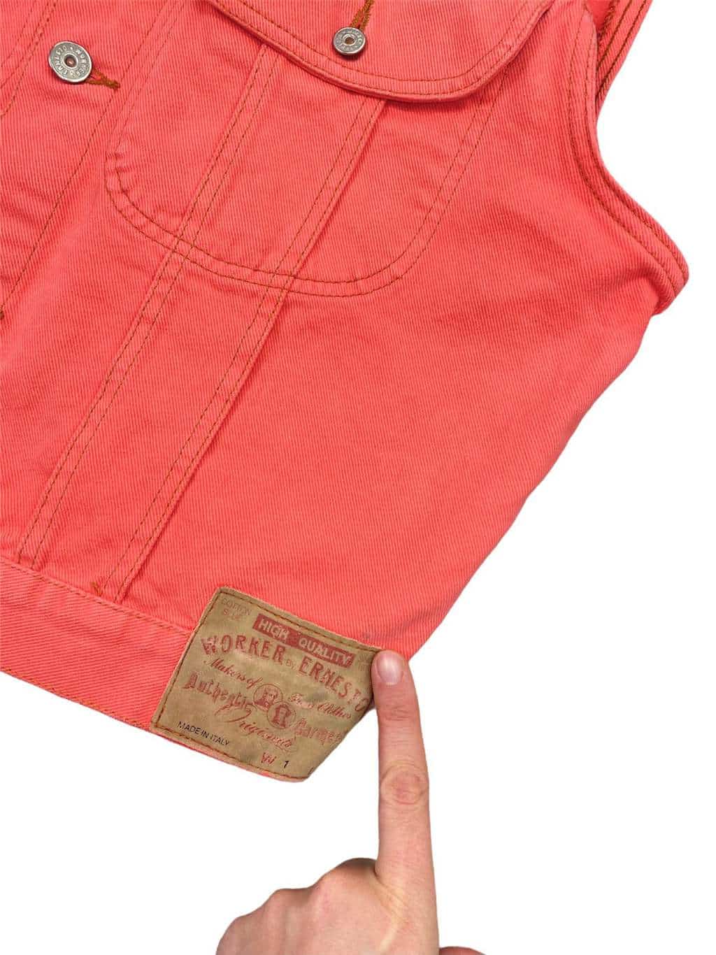 90s Y2K Vintage Denim Sleeveless Jean Jacket Bright Salmon Pink Orange - M/L - Image 3