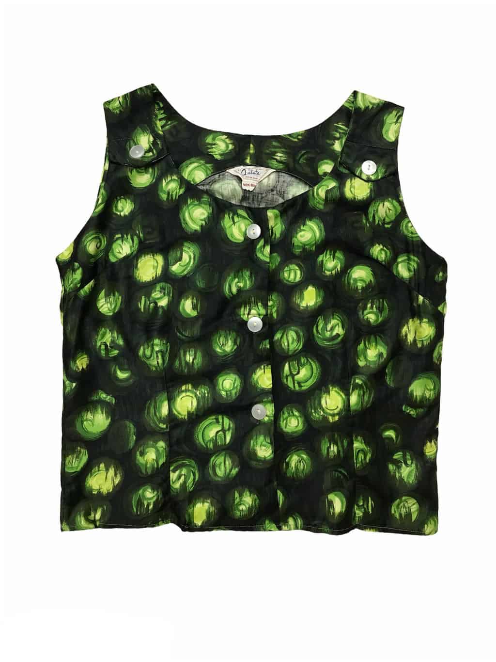 50s Vintage Sleeveless Button Through Top in Green Rare Deadstock NOS Floral Swirl Pattern - Size UK 16