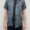 80s Mens Vintage Abstract Shirt Silver Purple Green Artsy Camouflage Collage Paint Print Pattern - UK Size Men's XS / S
