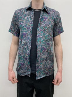 80s Mens Vintage Abstract Shirt Silver Purple Green Artsy Camouflage Collage Paint Print Pattern - UK Size Men's XS / S