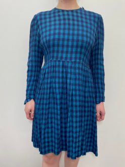 90s Plaid Vintage Dress Long Sleeves Navy Turquoise Aquamarine Check Pattern Fitted Waist - Bust 38" Waist 31" - UK Size 12 / Medium