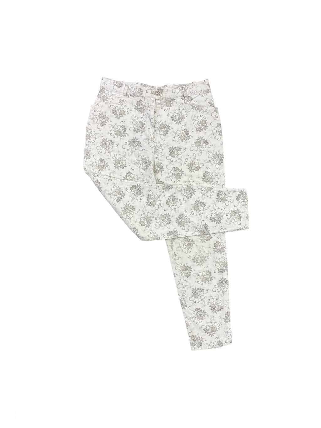 90s vintage high rise floral trousers in white & silver - W34 x  L29