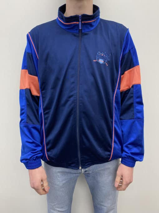 90s Vintage Mens Puma Sports Zip Jacket in Navy and Electric Blue with Orange Piping - Size Men's L