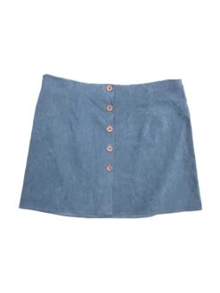 90s Vintage Suedette Mini Skirt in Dusky Blue with Purple Plastic Buttons - Size Women's M / L