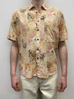 Abstract Tropical Vintage Mens Shirt in Peachy Pink Tones with Scribbled Doodles Pastel Summer Soft Colours Artsy Fun - Size Men's S / M