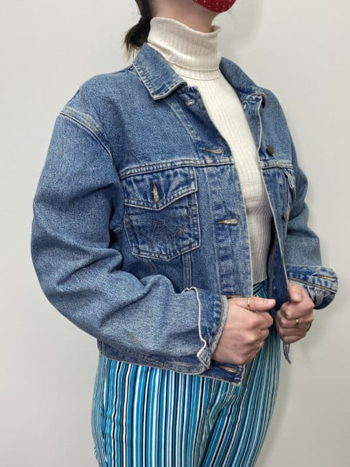 Blue Wrangler Vintage Denim Jacket Cropped Length Light Stonewash 90s 80s Womens - Size UK Medium