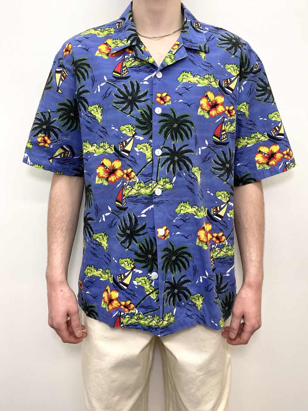 Mens bright vintage Hawaiian shirt with boats and palm trees floral green  blue yellow beach sea scene - Large / XL