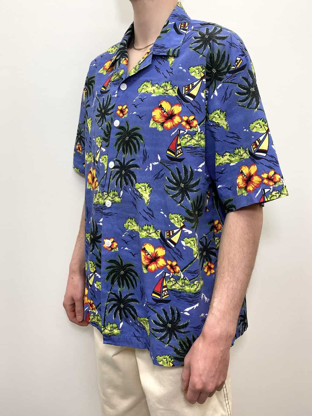 Mens bright vintage Hawaiian shirt with boats and palm trees floral green blue yellow beach sea scene - Large / XL - Image 3