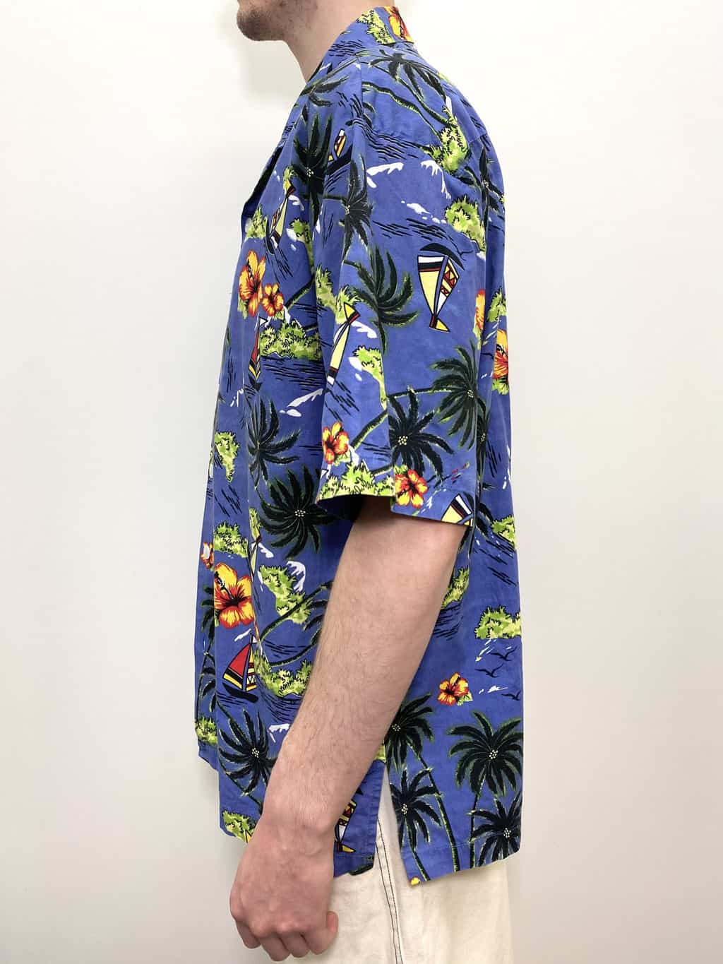 Mens bright vintage Hawaiian shirt with boats and palm trees