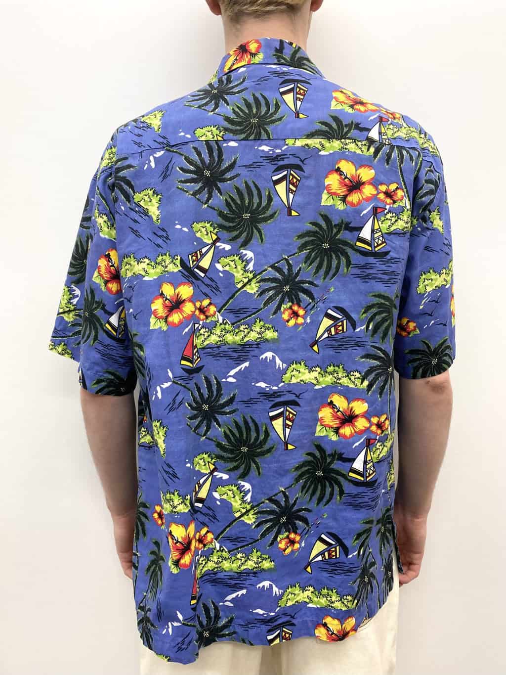 Mens bright vintage Hawaiian shirt with boats and palm trees floral green blue yellow beach sea scene - Large / XL - Image 5