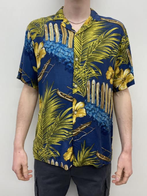 Golden Toned Vintage Hawaiian Shirt with Surf Board Longboat Bold Botanical Design Summer Surfing Palm Leaves Hibiscus - UK Size Men's S / M
