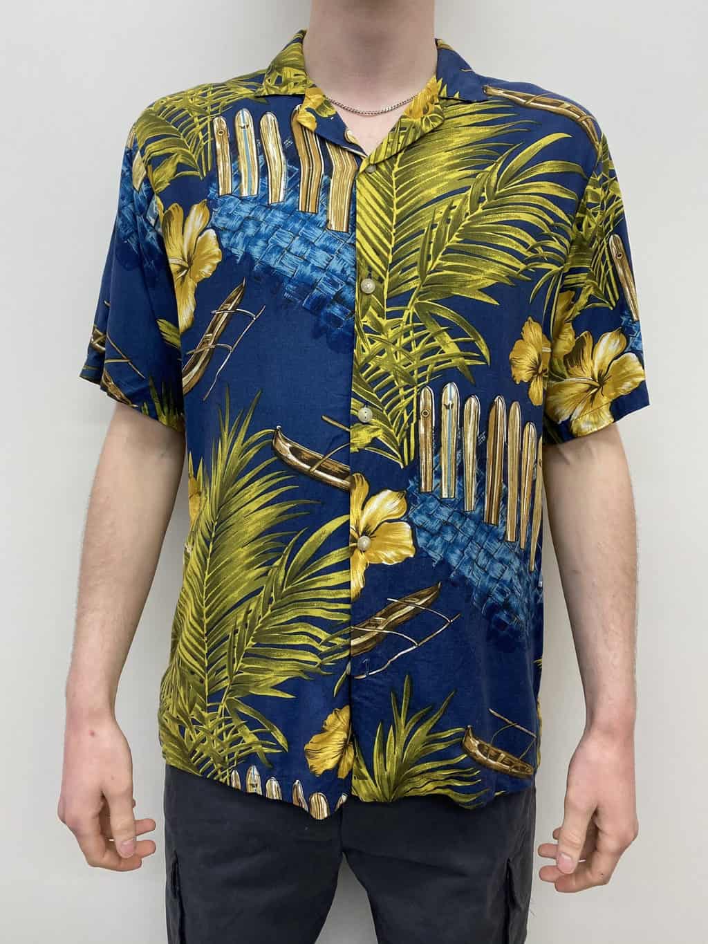 Golden Toned Vintage Hawaiian Shirt with Surf Board Longboat Bold Botanical Design Summer Surfing Palm Leaves Hibiscus - UK Size Men's S / M