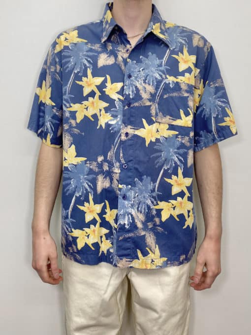 Le Frog Vintage Hawaiian Shirt with Palm Trees and Bright Yellow Floral Tropical Pattern Summer Beach - UK Size Men's XXL