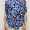 Mens Vintage Floral Print Hawaiian Shirt with Coconuts and Lei Garlands Blue Red White Tropical Holiday Summer Exotic - UK Size Men's L