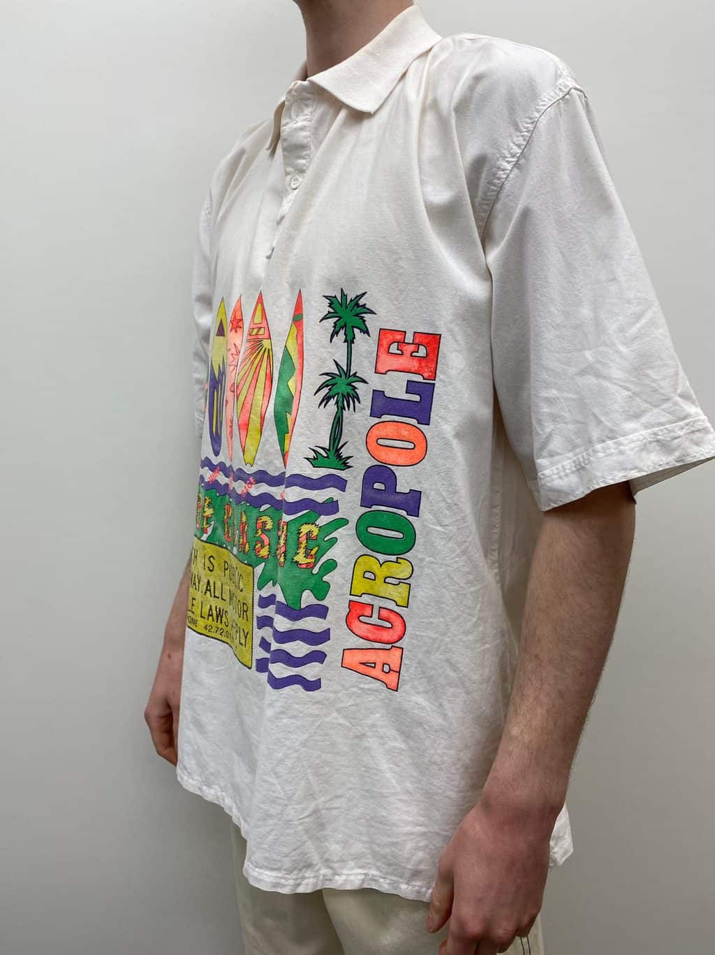 Mens Vintage Polo Shirt White with Epic Neon Surfboard Beach Design - XXL - Image 4