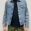 Mens Vintage Y2K Levis Trucker Jacket in Light Wash Denim with Distressed Patches / Stitching on Back and Cuffs - Size Men's S / M