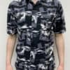 Monochrome Mens Vintage Hawaiian Shirt in Black White Grey with Tropical Design Palm Trees Hula Dancer Grass Skirt - UK Size Men's M