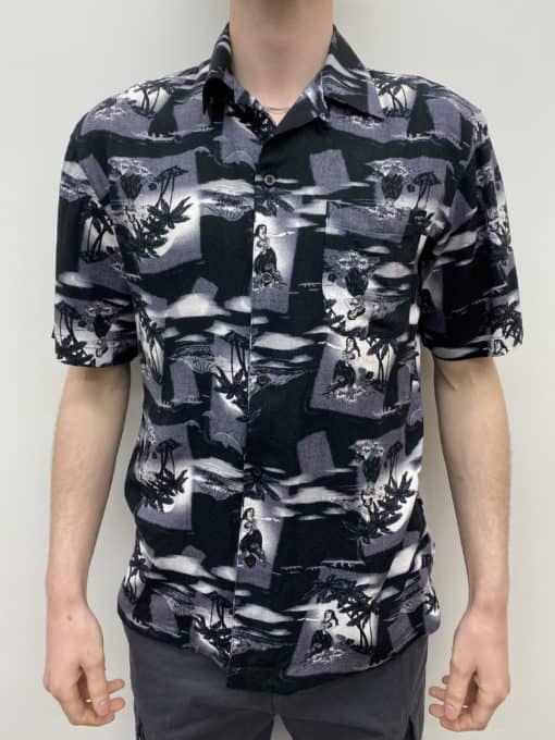 Monochrome Mens Vintage Hawaiian Shirt in Black White Grey with Tropical Design Palm Trees Hula Dancer Grass Skirt - UK Size Men's M